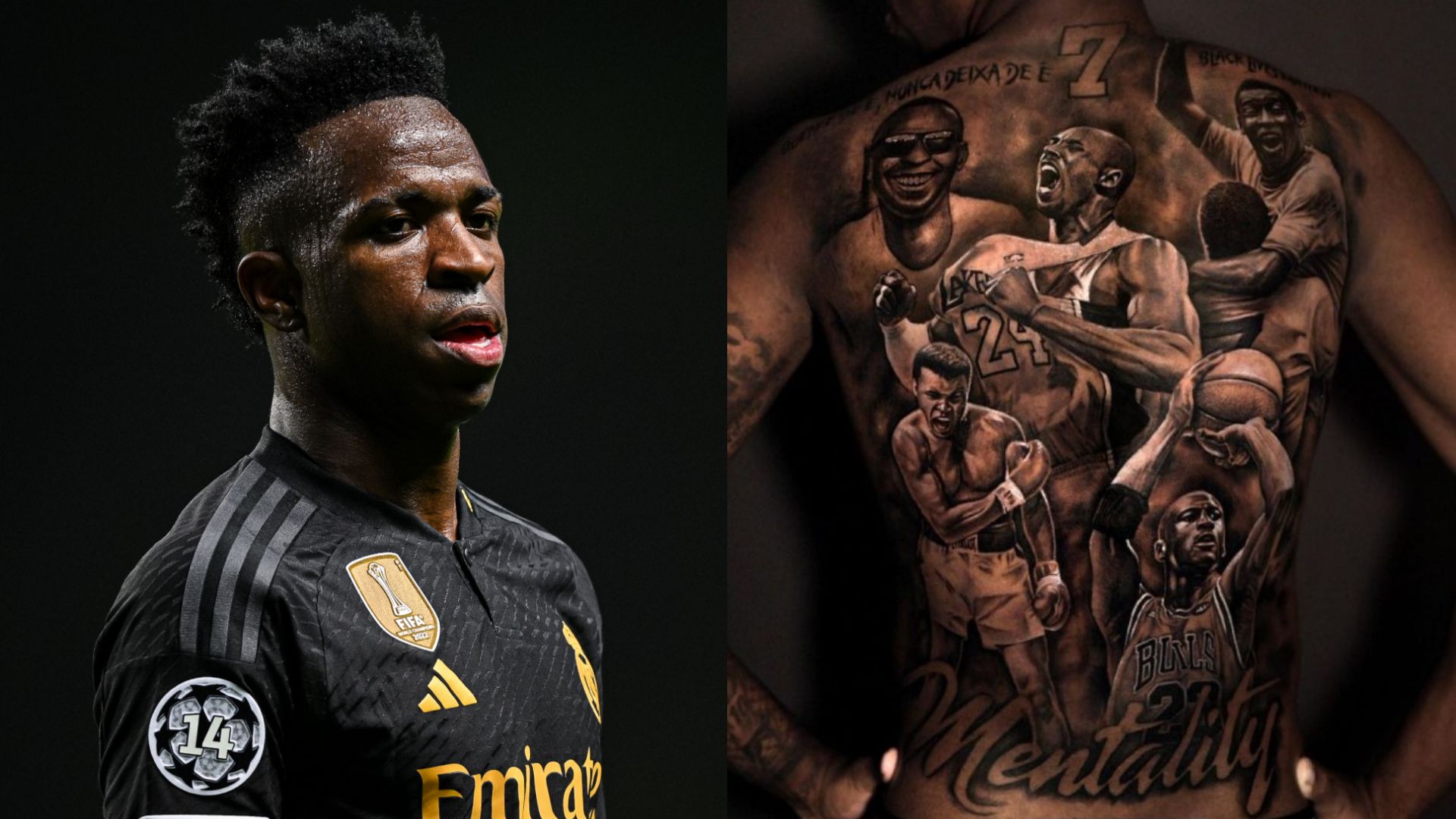 Vinícius Júnior Wide split view showing the Kobe and Michael Jordan jersey details within the full-back composition Vinícius Júnior tattoos: Wide split view showing the Kobe and Michael Jordan jersey details within the full-back composition
