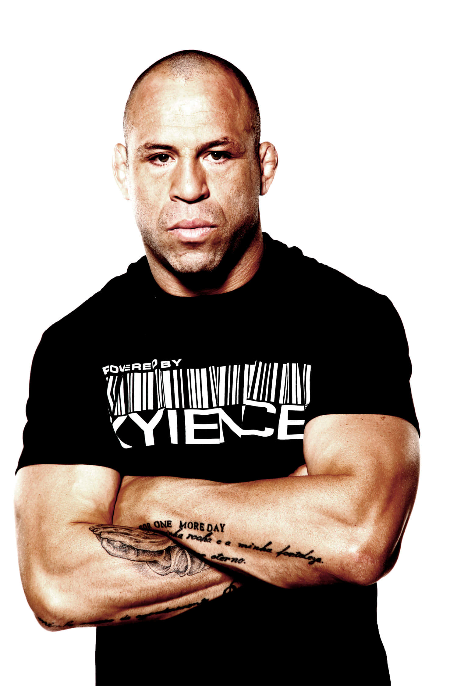 Wanderlei Silva tattoos: One More Day forearm script shown clearly across folded arms
