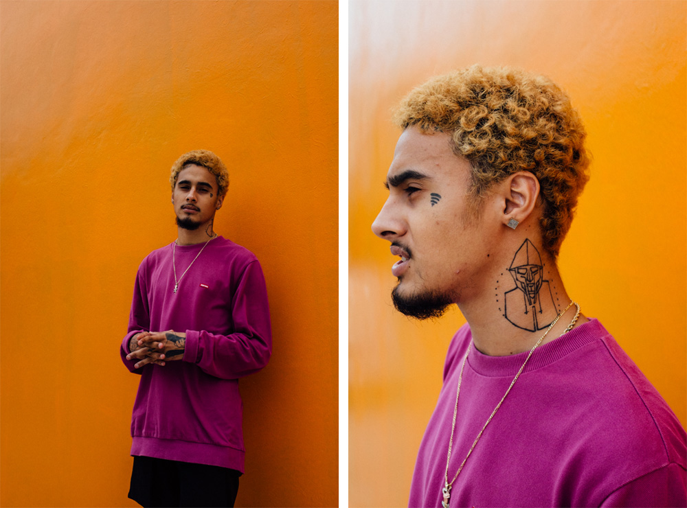 Wifisfuneral tattoos: a collage portrait with neck, face and hand tattoo details