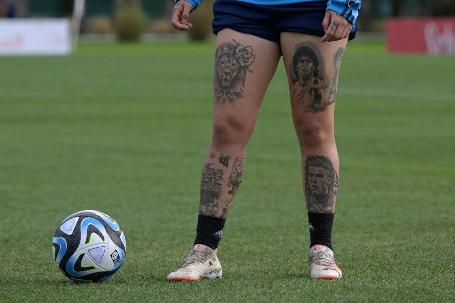 Yamila Rodriguez tattoos: Genuine single training photograph focused on the portraits and lion tattoo.
