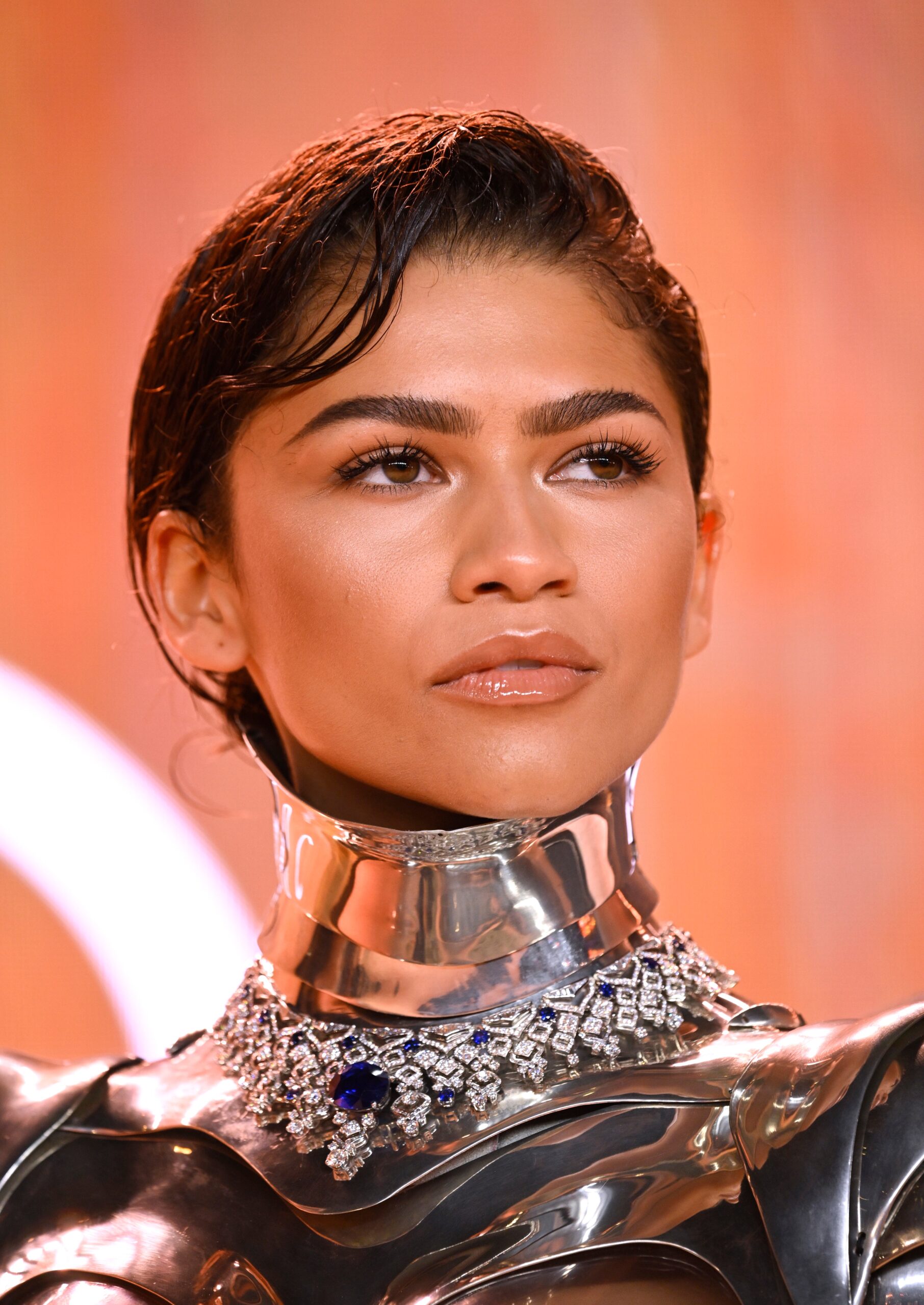 A Dune premiere portrait (contextual, not tattoo evidence) Zendaya in a contextual photograph: Contextual close portrait from the Dune: Part Two London premiere; it does not show tattoo evidence.; not tattoo evidence